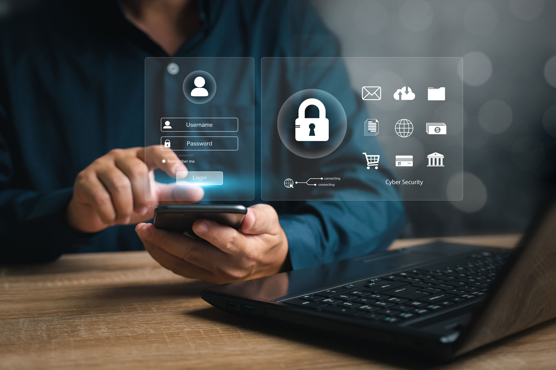 Digitaler Nachlass: Profile von Verstorbenen in sozialen Netzwerken löschen Nahaufnahme von Händen, die ein Smartphone halten, mit schwebenden holografischen Benutzeroberflächen für ein Login-Formular und Cyber-Sicherheits-Symbole (wie ein Schloss, E-Mail-Umschlag, Wolke, Bankgebäude, Kreditkarte) über einem Laptop.
